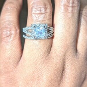 Womens 5ct Princess Cut Lab Created Diamond Halo Trio Wedding Ring Sz 7.5